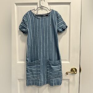 TOMMY HILFIGER Blue Striped Denim Dress With Large Front Pockets SIZE 8/10 Girls